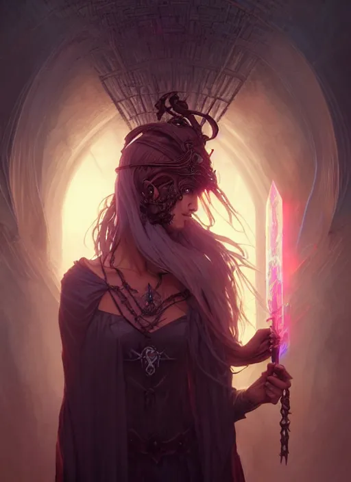 Image similar to Necromancer Sorceress, fantasy magic, undercut hairstyle, dark light night, intricate, elegant, sharp focus, illustration, highly detailed, digital painting, concept art, matte, art by WLOP and Artgerm and Greg Rutkowski and Alphonse Mucha, masterpiece