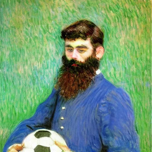 Prompt: monet painting of a bearded man with short hair, he is holding a soccer ball and a computer, highly detailed, realistic,