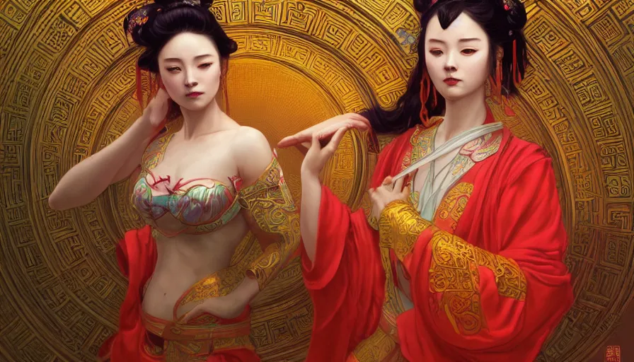 Image similar to mythology, neon, Female Ancient China Dance, queen, academic Reference Pictures artstation, fibonacci, sweat drops, insane, pinup, intricate, highly detailed, digital painting, artstation, concept art, smooth, sharp focus, illustration, Unreal Engine 5, 8K, art by artgerm and greg rutkowski and alphonse mucha