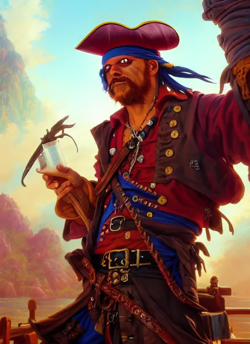 Prompt: pirate, eye patch, hat, vibrant colors, jesper ejsing, james jean, justin gerard, tomasz alen kopera, cgsociety, fenghua zhong, makoto shinkai, octane render, highly detailed, rim light, art, cinematic lighting, very coherent, hyper realism, high detail, 8 k