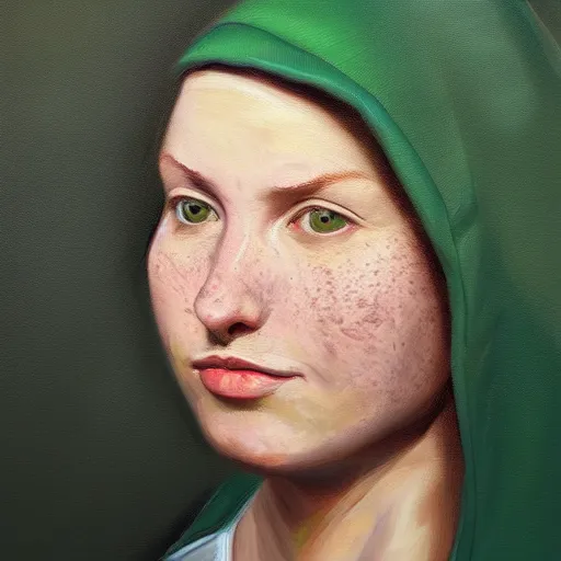 Prompt: woman with freckles, 1 8 0 pounds, short brown hair, green eyes, wearing a grey hooded sweatshirt, trending on artstation, oil painting, volumetric light