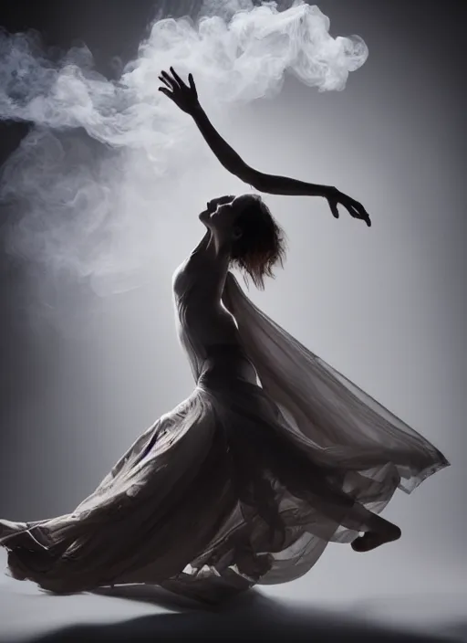 Image similar to a Photorealistic dramatic hyperrealistic render of a glamorous beautiful Female smoke dancer by Ken Brower and Deborah Ory of NYC Dance project,Lois Greenfield,Flowing cloth and smoke,Beautiful dynamic dramatic dark moody lighting,volumetric,shadows,cinematic atmosphere,Octane render,8K