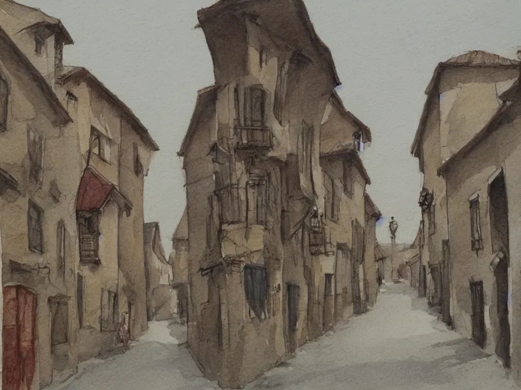 Image similar to a street in a old small village, pencil and watercolor, detailed
