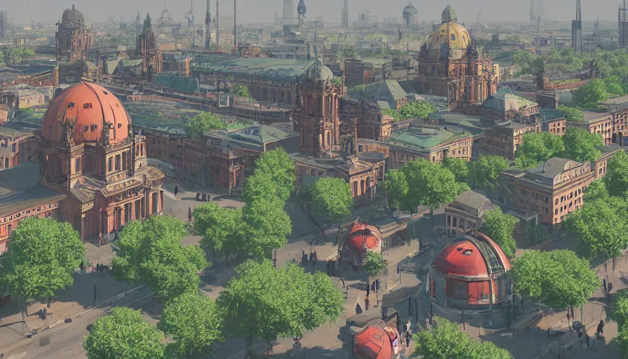 Prompt: 1 9 4 0's berlin with red glass domes, blue glass train station, white glass buildings, square with trees, green alleys, highways, sunny day, volumetric light, hyperdetailed, artstation, cgsociety, 8 k