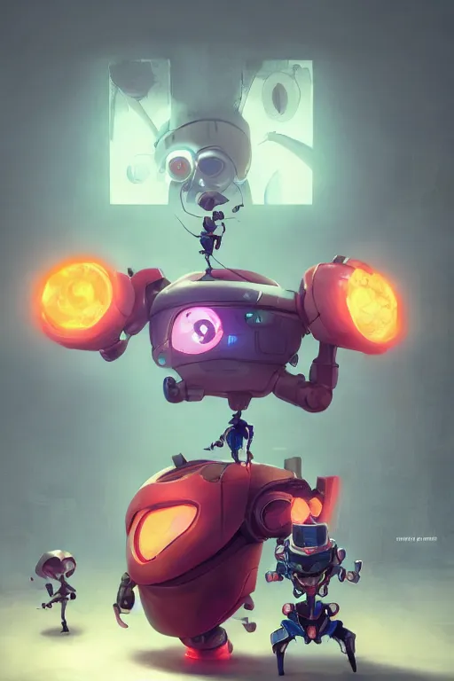 Image similar to a boss, happy robot boss, technology in the background, in the style of Rayman origins, michael ancel, Ruan Jia and Mandy Jurgens and Greg Rutkowski, trending on Artstation, award winning, unreal engine, octane render W 1024