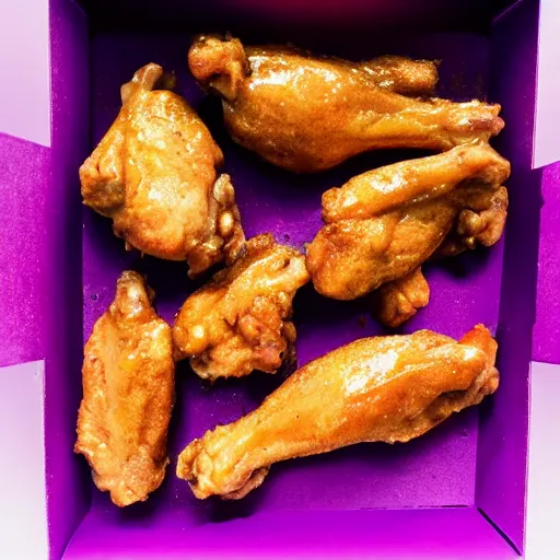 Image similar to a plate of moondust chicken wings in a pink styrofoam box, the styrofoam box is open, the wings are still warm, steam is emitting from them, hyperrealistic,