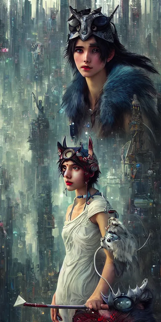 Image similar to hyper realistic Princess Mononoke with her mask, busy cyberpunk metropolis, city landscape, jewels, style of tom bagshaw, mucha, james gurney, norman rockwell, denoised, sharp