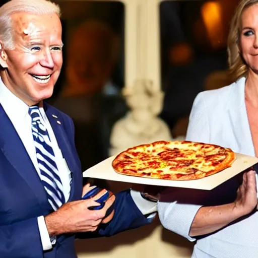 Image similar to joe biden holding a pizza like a newborn baby, award winning candid photography