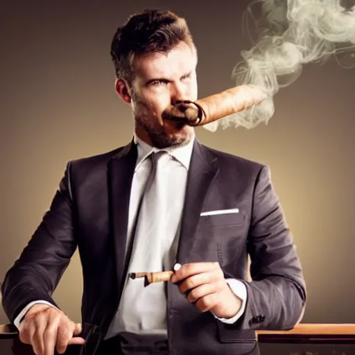 Prompt: a man wearing a suit smoking a cigar, realistic face