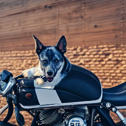 Image similar to blue heeler dog on a motorcycle, 8 k photography, blurred background of a wafflehouse