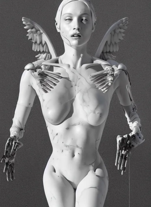 Image similar to a statue made of white marble covered in blood, of an gorgeous futuristic cybernetic angel girl, prostheses, transhumanism, full body shot, perfect symmetrical body, perfect symmetrical face, hyper realistic, hyper detailed, by johannen voss, by peter kemp, by monia merlo, by michelangelo, octane render, blender, 8 k