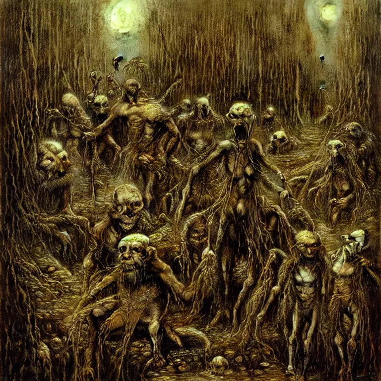 Image similar to dark underground with goblins by Beksinski, Luis Royo