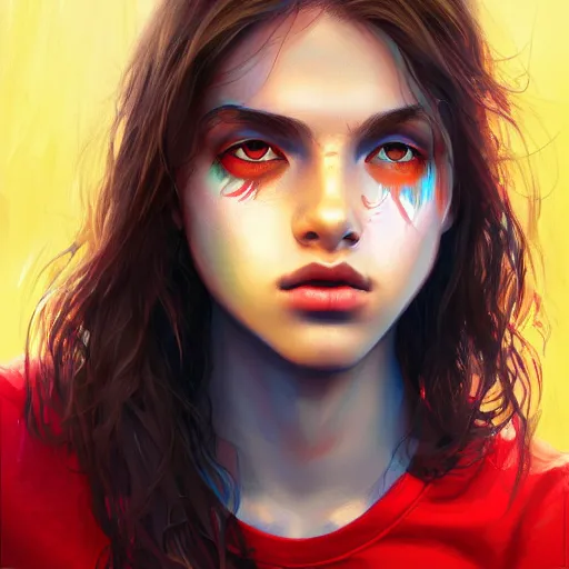 Image similar to colorful and festive captivating teenager with straight brown hair covering his eye, dark skin, big lips, big eyes, wearing a red t - shirt. rich vivid colors, ambient lighting, dynamic lighting, 4 k, atmospheric lighting, painted, intricate, highly detailed by charlie bowater