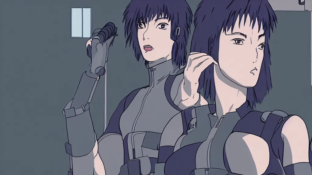 Prompt: mokoto kusanagi from ghost in the shell in a briefing room with batou, digital hand drawing and coloring, anime style