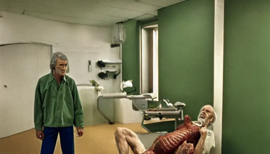 Image similar to 70s movie still of a ill skinny old man with meat clothes in a green wall hospital, eastmancolor, heavy grain, high quality, higly detailed, liminal space