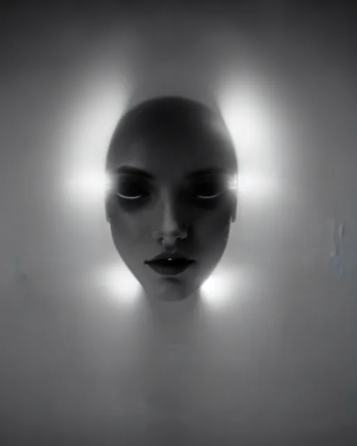 Image similar to black and white high quality photo of a beautiful female AI vegetal-cyborg looking into a sci-fi mirror, volumetric lighting, liminal space, brutalism, foggy, dreamy, hyperdetailed, bokeh, photorealistic, cinematic, masterpiece, elegant, dark, by Man Ray in the style of Horst P. Horst, octane render, 8K,