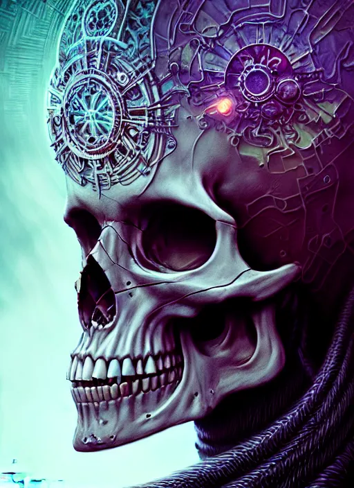 Image similar to closeup portrait of a skull character in a scenic dystopian neon environment, intricate, elegant, highly detailed, centered, digital painting, artstation, concept art, smooth, sharp focus, illustration, artgerm, tomasz alen kopera, peter mohrbacher, donato giancola, joseph christian leyendecker, wlop,