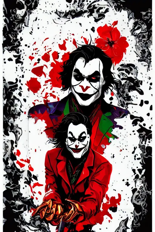 Prompt: joaquin phoenix joker issues 1, sadness, city flame, red flower, copyright by dc, comic book cover, justify content center, delete duplicate content!, violet polsangi pop art, gta chinatown wars art style, bioshock infinite art style, incrinate, realistic anatomy, hyperrealistic, 2 color, white frame, content balance proportion