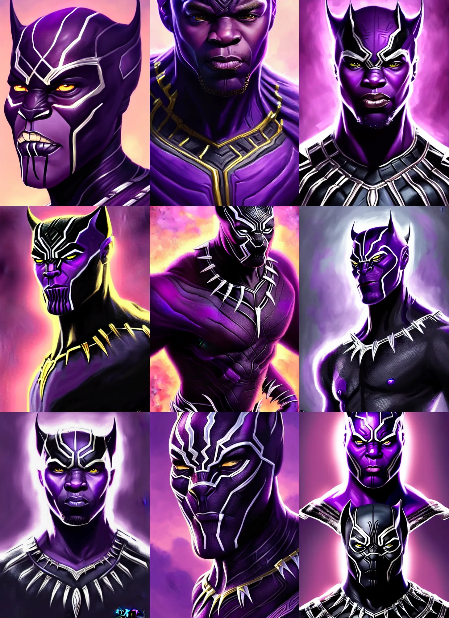 Prompt: a fantasy style portrait painting a character if t'challa black panther and thanos had a son, purple skin, powerful chin, thanos style traits, painting, unreal 5, daz., rpg, portrait, extremely detailed, artgerm greg rutkowski _ greg