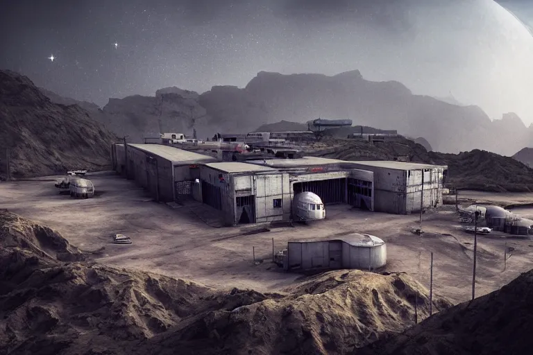 Image similar to favela hospital hangar bunker, desert environment, industrial factory, cliffs, gloomy, milky way, award winning art, epic dreamlike fantasy landscape, ultra realistic,