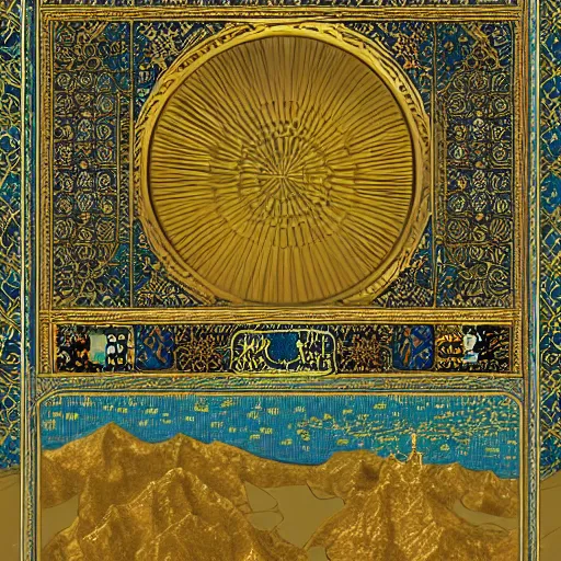 Prompt: a golden city in heaven , gardens, rivers, in islamic art style. 3D, 8k