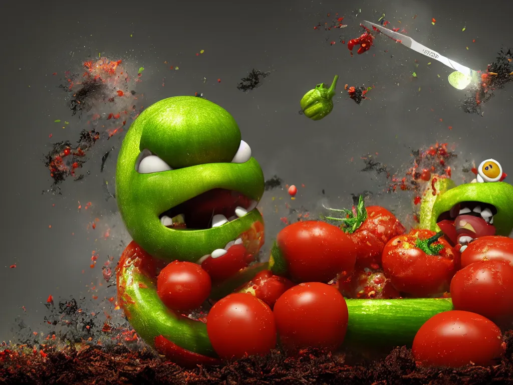 Prompt: highly detailed 3 d render of a raging zucchini character, burning scissors, running down a dirt road, scared tomates scattered everywhere, high speed action, explosions, dramatic scene, hyper realistic octane render, cinematic lighting, tomato splatter, deviantart, black sky, lowbrow, surrealism, frame from pixar movie