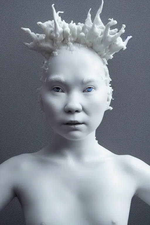 Image similar to full head and shoulders, beautiful bjork porcelain sculpture, smooth, delicate facial features, white eyes, white lashes, detailed white, lots of 3 d cyborg elements, prosthetic, anatomical, all white features on a white background, by daniel arsham and james jean