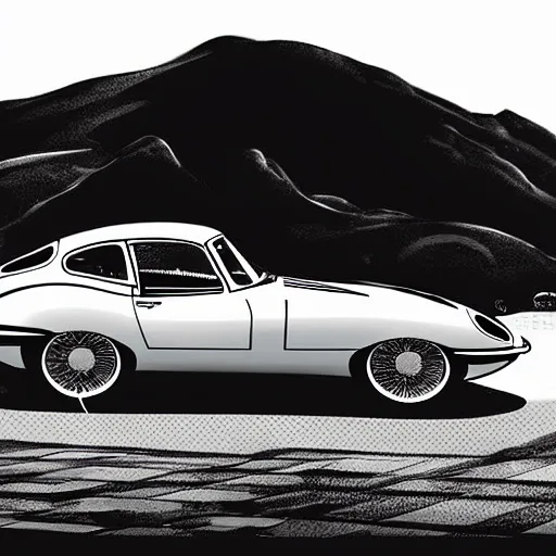 Prompt: a retro sci fi digital illustration of a jaguar e - type series 1 roadster