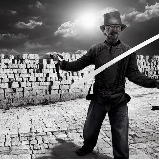 Image similar to award winning cinematic still of 40 year old Mediterannean skinned man building a wall in Jerusalem, holding a sword and a chisel, dramatic lighting, strong shadows, directed by Steven Spielberg