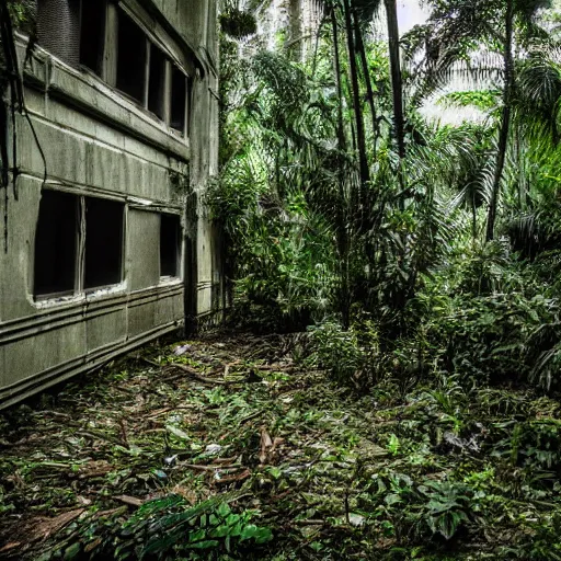 Prompt: an abandoned research facility in a jungle, dslr photography, sci - fi