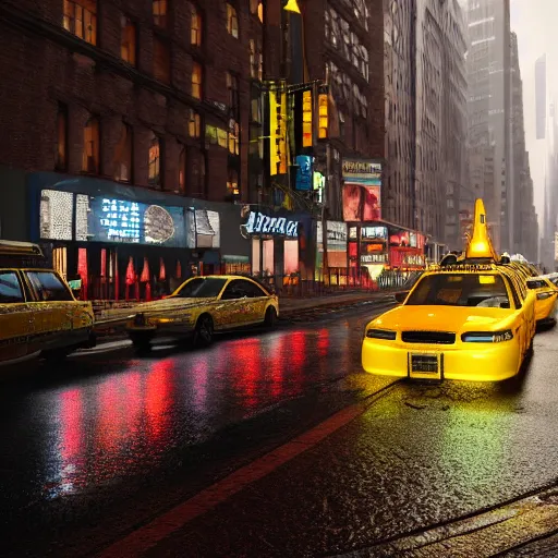 Image similar to « a man walking in a night raining streets, new york, big city, taxi, cars, shops one the side with neons, digital art, highly detailed, photorealistic, unreal engine 5, back view »