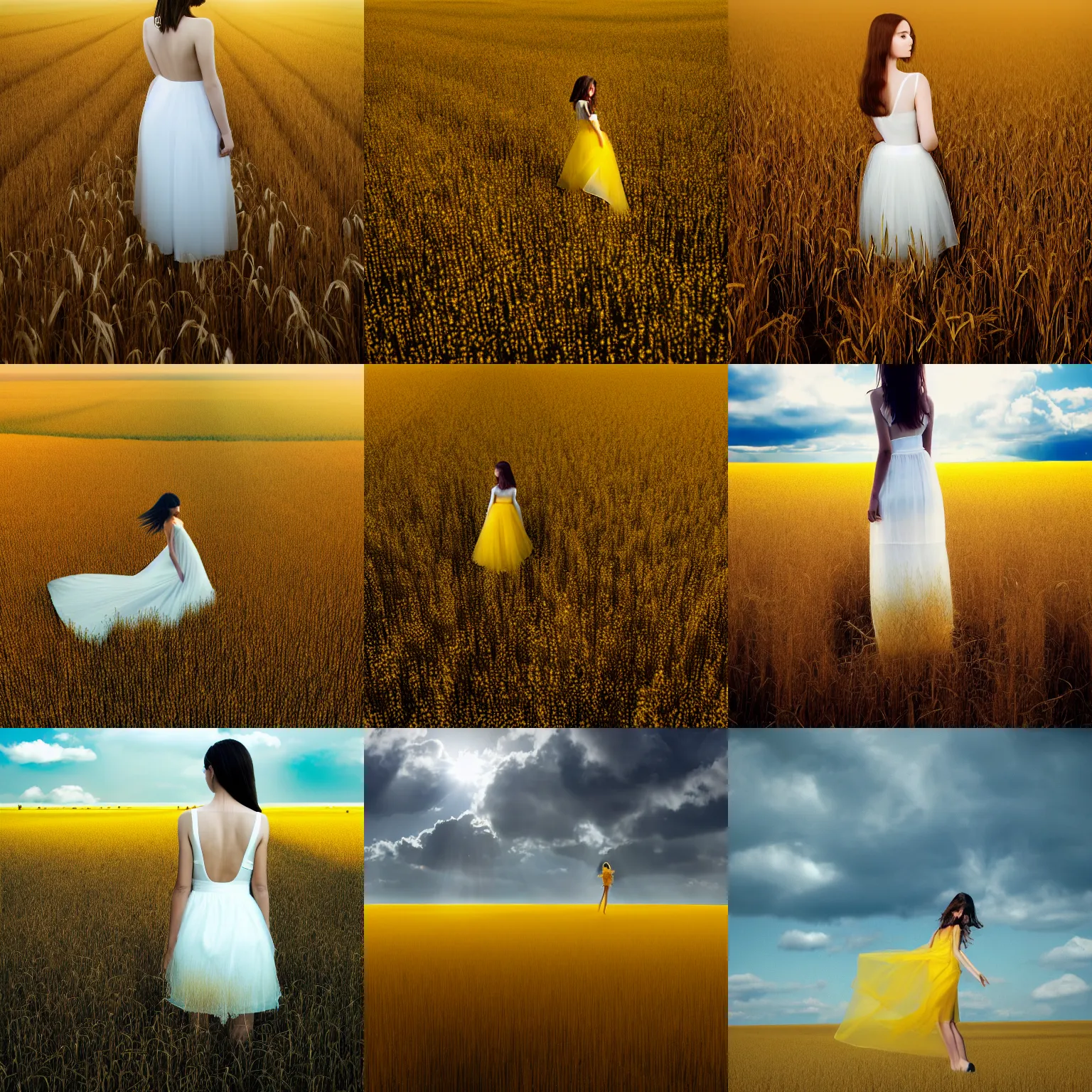 Prompt: aerial shot, a beautiful photo of a petite brunette girl in a very wide transparent thin organza white dress standing on a bright yellow rye field, a lot of clouds, photo from the back, 135mm, trending on artstation, hyper detailed, hyper realistic, chrome accents, mild, ethereal, elegant, tender