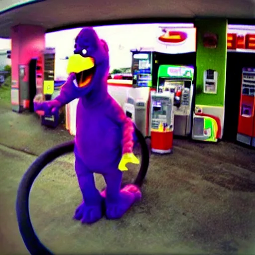 Prompt: “ security camera footage of barney the dinosaur robbing a gas station ”