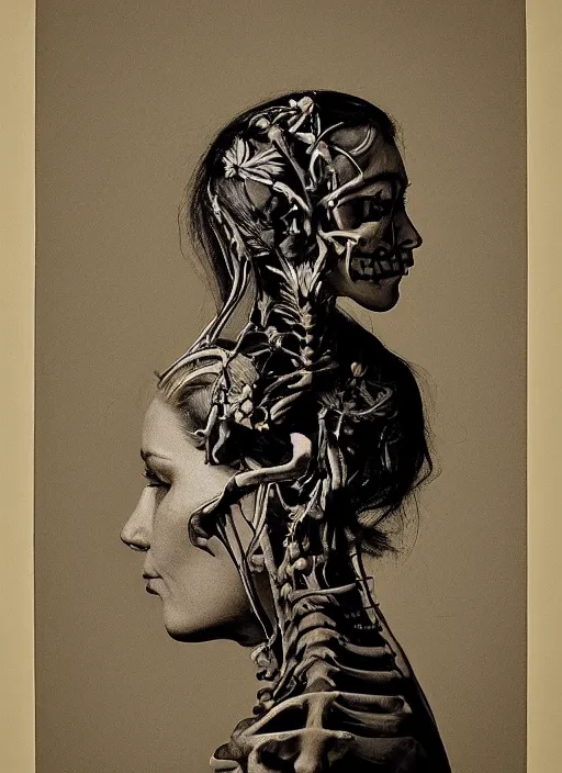 Image similar to a woman's face in profile, made of lilies skeleton, in the style of the dutch masters and gregory crewdson, dark and moody