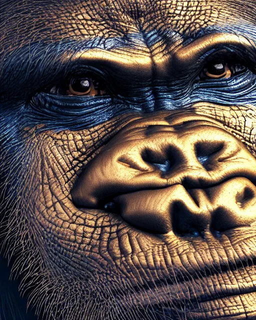 Prompt: gold, blue, very very very very detailed illustration of a chimpanzee, 3 d, 8 k, extremely detailed, artstation