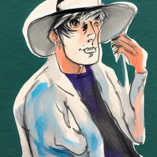 Prompt: a drawing of a man wearing a hat, a gouache by Hirohiko Araki, tumblr contest winner, modern european ink painting, watercolor, colorized, art on instagram