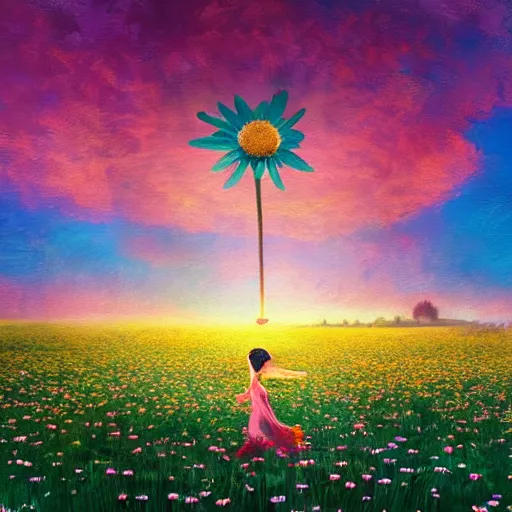 Image similar to giant daisy flower as head, girl dancing in a flower field, surreal photography, sunrise, dramatic light, impressionist painting, colorful clouds, digital painting, artstation, simon stalenhag