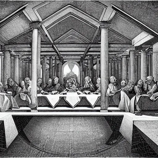 Image similar to lasr dinner by da Vinci in impossible geometry, Escher