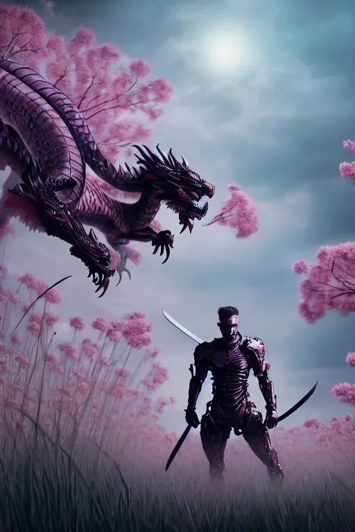 Image similar to illustration cinematic cyborg dragon yielding katana in a field of pale pink flowers, highly detailed smooth digital art masterpiece, vitaly bulgarov dramatic light, ground angle uhd 8 k, sharp focus