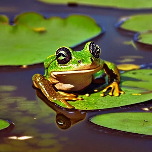 Prompt: close - up of a frog wearing a small crown, in the pond with water lilies, shallow depth of field, highly detailed, autumn, rain, bad weather, ominous, digital art, masterpiece, matte painting, sharp focus, matte painting, by isaac levitan, by monet, asher brown durand,