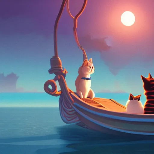 Image similar to a wholesome animation creative key shot of a cat sailing a boat in the night, full shot, studio ghibli, pixar and disney animation, sharp, rendered in unreal engine 5, anime key art by greg rutkowski, bloom, dramatic lighting