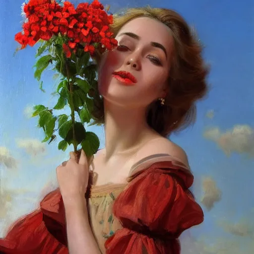 Image similar to a portrait of a romantic woman with flowers grow out of hair, roses peonies forget-me-nots dahlias lupins gladioli, sky theme in background, by Alexandr Averin, Digital Art, Trending on artstation