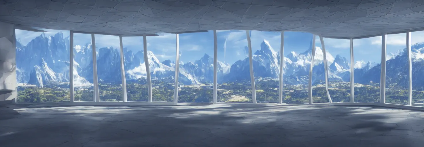 Image similar to Simplistic 3D Rendering of a Futuristic hall with tall windows overlooking a scifi city and mountains. a big planet in the sky, photorealistic, white and blue