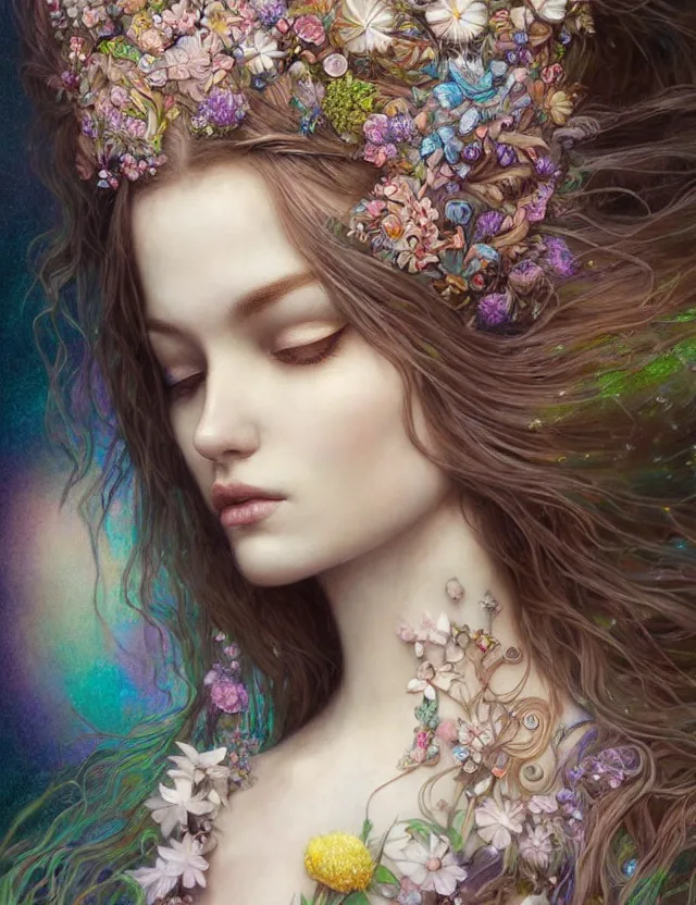 Image similar to organic goddess with flowers in hair, holographic white plastic and driftwood, fantasy, intricate, elegant, highly detailed, lifelike, photorealistic, digital painting, artstation, illustration, smooth, sharp focus, art by scott davidson, albert aublet, krenz cushart, artem demura, mucha