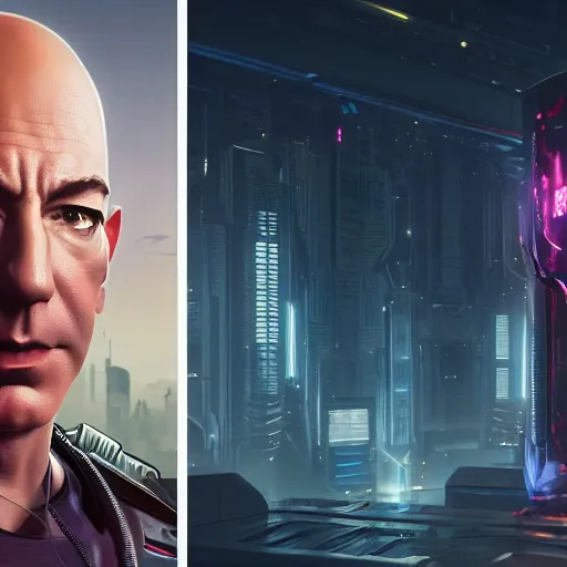 Image similar to front view, imposing, ominous portrait of Jeff Bezos as a cyberpunk 2077 loading screen, symmetry, front view, intricate, studio, art by anthony macbain + greg rutkowski + alphonse mucha, concept art, 4k, sharp focus