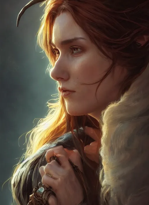 Image similar to realistic lighting, close up portrait of a ruggedly handsome female witch, soft hair, half body, leather, d & d, fantasy, intricate, elegant, highly detailed, digital painting, artstation, concept art, smooth, sharp focus, illustration, art by artgerm and greg rutkowski and alphonse mucha