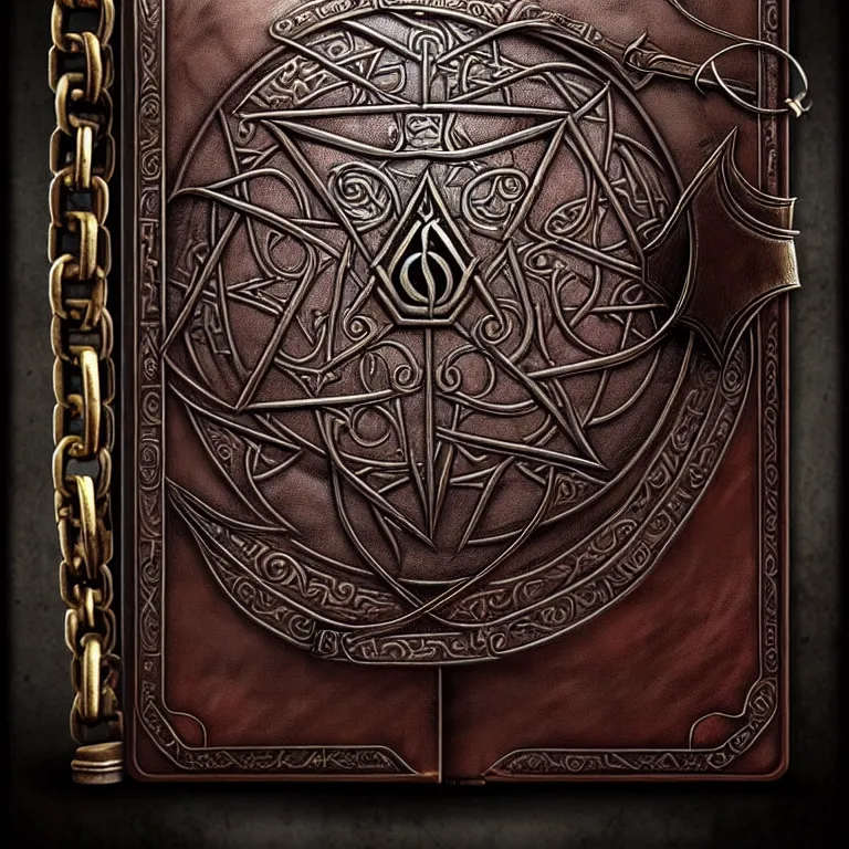 Prompt: epic professional digital art of an ancient leather-bound spellbook with heavy metal chains and clasps inscribed with runes, best on artstation, cgsociety, wlop, cosmic, epic, stunning, gorgeous, masterpiece