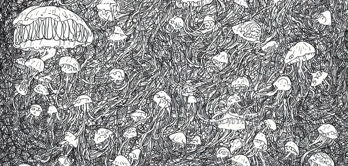Prompt: cartoon storybook illustration of A floating island of jellyfish tangled together into nets by jellyfish cannons