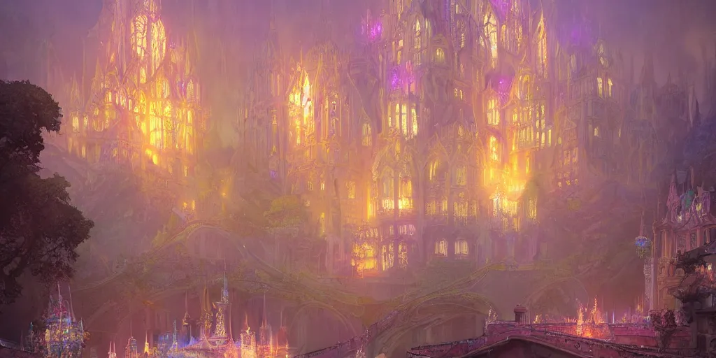 Image similar to fantasy royal palace near the lake, lilac bashes, Art Nouveau architecture, art by Finnian MacManus , Marc Simonetti, Thomas Scholes, Peter Mohrbacher, volumetric lighting style, highly detailed, intricate, artstation, digital paining, matte painting, 8K