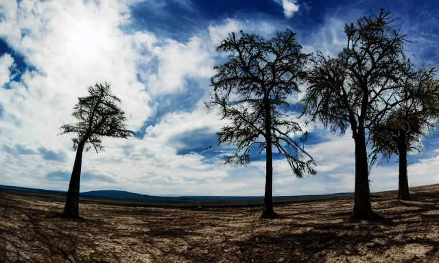 Image similar to panorama of big raindrops flying upwards into the perfect cloudless blue sky from a dried up river in a desolate land, dead trees, blue sky, hot and sunny highly-detailed, elegant, dramatic lighting, artstation, 4k, cinematic landscape, photograph by National Geographic